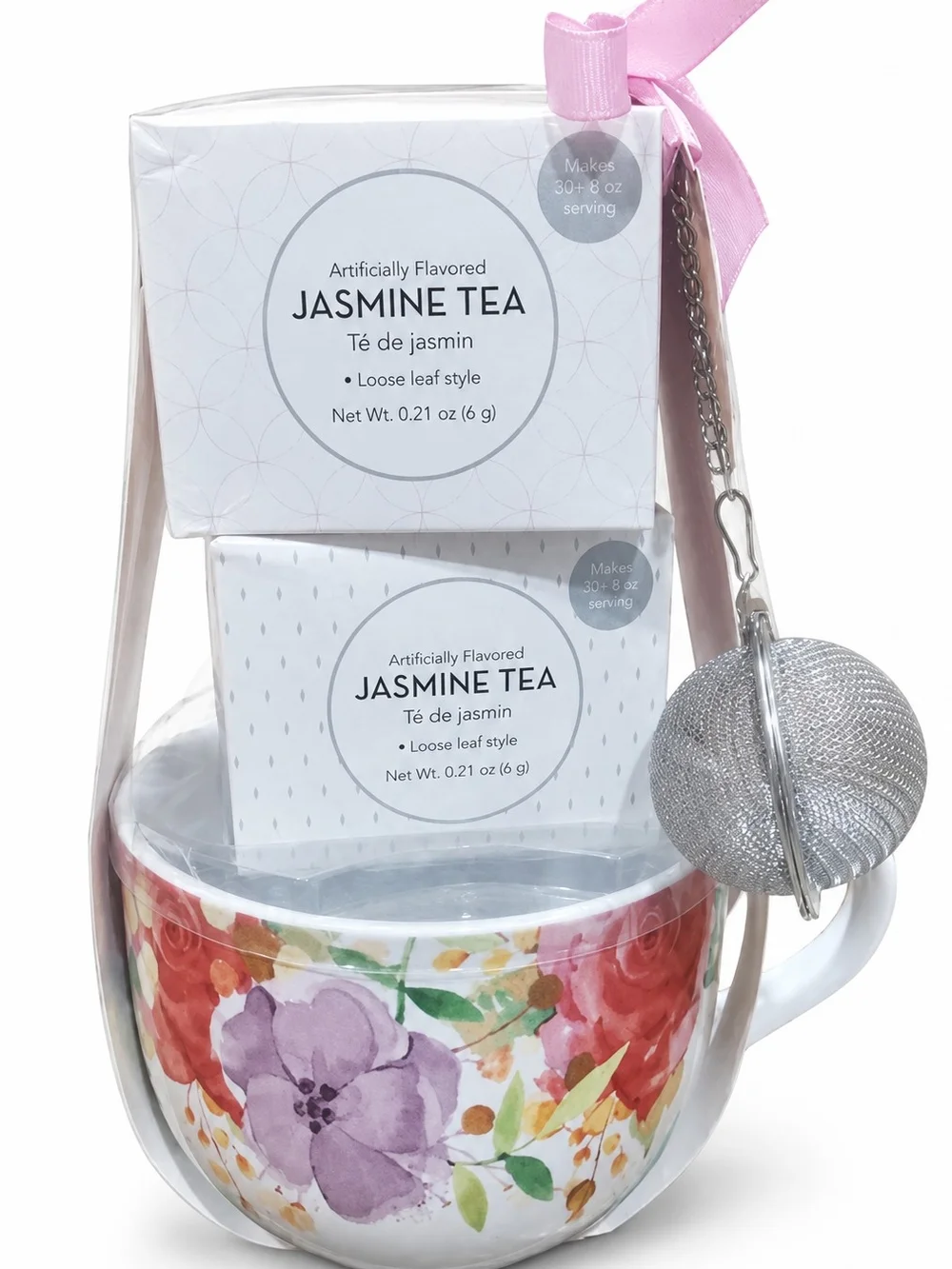 Huntington Home Floral Tea Mug Gift Set with Pink Ribbon